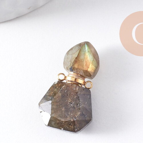 Pendentif bouteille parfum labradorite naturelle acier 304 inoxydable doré 27.5mm, x1 (g10315)