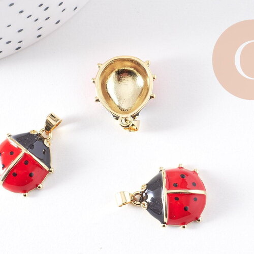 Pendentif coccinelle laiton doré émaillé rouge 20.5mm, x1 (g10306)