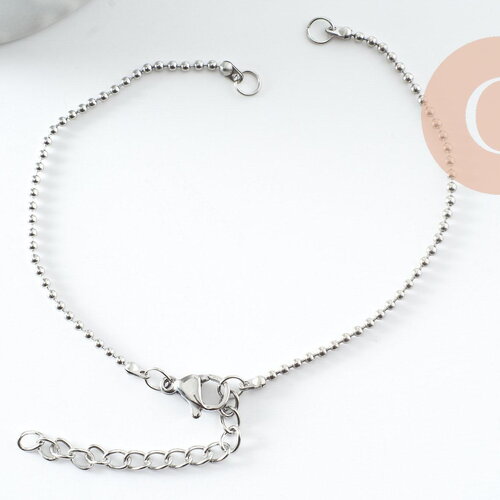 Base de bracelet chaine maille boule acier 304 inoxydable platine 1mm-16.6cm, x1 (g9482)