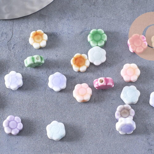 Perles fleur porcelaine multicolore antique 10mm, x5 (g10281)