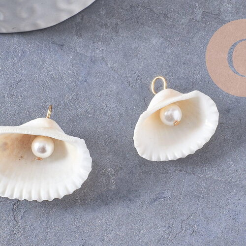 Pendentif coquillage blanc et perles d'imitation zamac doré 16-24mm, x2 (g10277)
