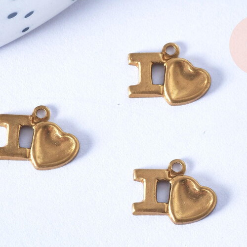 Pendentif coeur i love laiton brut 13mm, x2 (g6511)