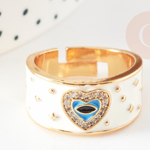 Bague réglable laiton doré émail blanc oeil protecteur, creation bijoux,bague femme cadeau anniversaire,18mm , x1 g4250