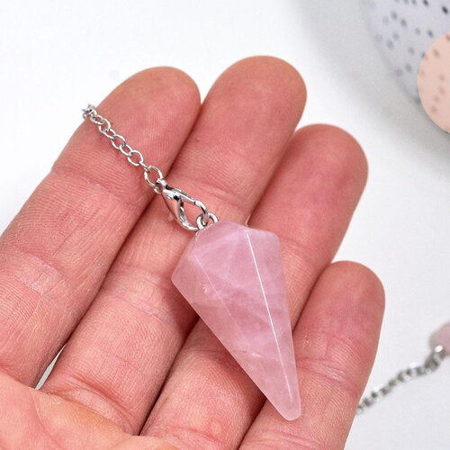 Pendule radiesthésie quartz rose naturel chaine argent, pendule magnétisme, litotherapie,création bijoux,23cm, x1 g5347