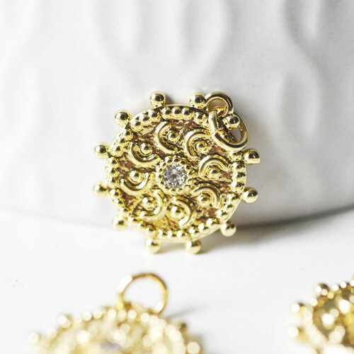 Pendentif médaille ronde soleil laiton doré zircon blanc, un pendentif doré avec cristal pour création bijoux,18mm, x1 g4467