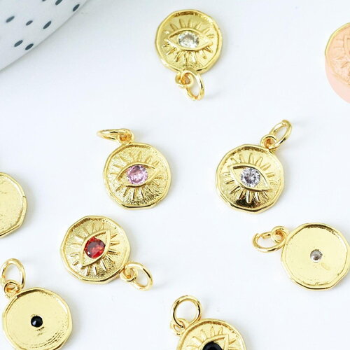 Pendentif rond oeil protecteur laiton doré 18k zircon coloré 12mm,x1 (g5997)