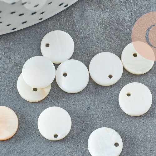 Pendentif rond nacre blanche, pendentif coquillage, coquillage naturel,11mm, x10 (g0360)