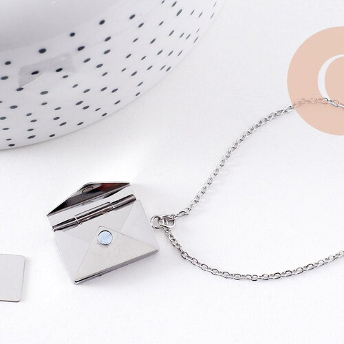 Collier pendentif locket enveloppe avec carte personnalisable acier 304 inoxydable platine, x1 (g10203)