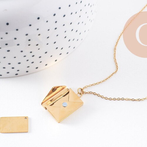 Collier pendentif locket enveloppe avec carte personnalisable acier 304 inoxydable doré ip, x1 (g10202)