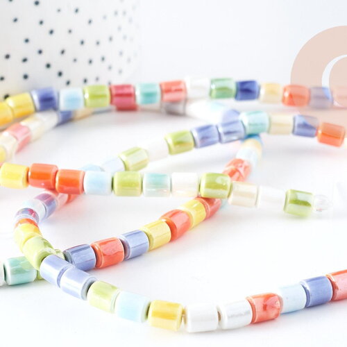 Perles tube porcelaine multicolore 6.5mm, création bijoux fantaisie diy, fil de 30cm, x1 g8986