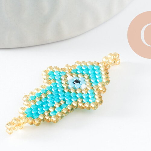 Pendentif connecteur main oeil protecteur rocaille miyuki toho turquoise or 37mm, x1 (g5725)