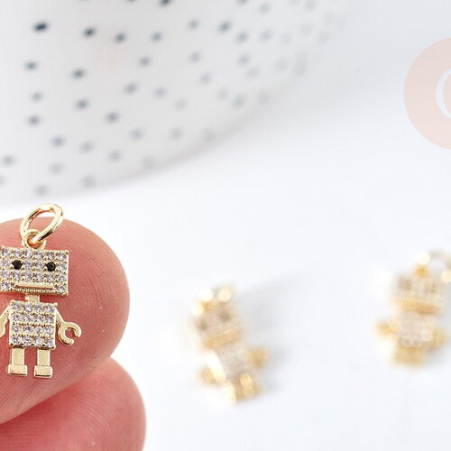 Pendentif robot cristal zircons en laiton doré 18k 14.5mm, breloque doré création bijoux, x1 g8439