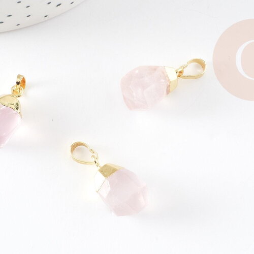 Pendentif goutte quartz rose naturel facetté laiton doré 19-21mm x1 (g3905)