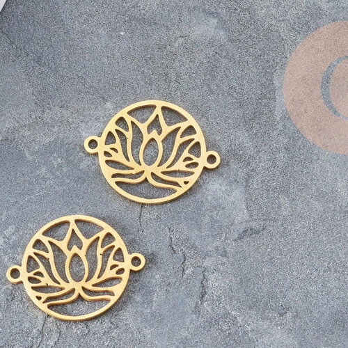 Pendentif connecteur fleur de lotus acier 201 inoxydable doré 17.5mm, création bijoux acier, x1 g6025