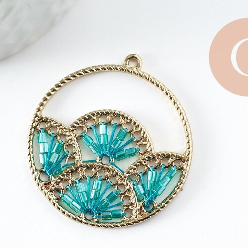 Pendentif rond zamac doré tissé rocaille vert turquoise dentelle 37.5mm, x2 (g4133)