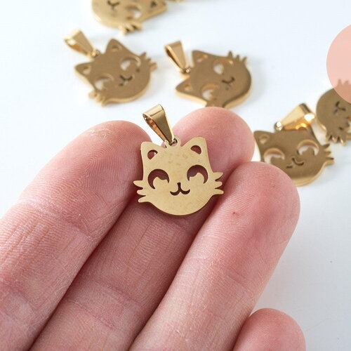 Pendentif chat manga acier 304 doré inoxydable 17mm, x1 (g6022)