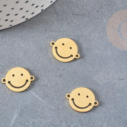 Pendentif smiley acier 201 inoxydable doré 12.5mm, pendentif 90's pour création bijoux, x1 g5687