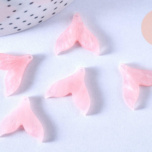Pendentif acétate queue de poisson rose nacré,perles plastique,bijou fleur plastique,19mm, x5 (g4081)