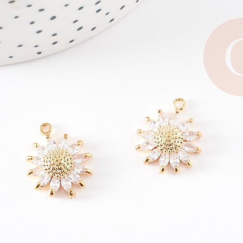 Pendentif fleur tournesol laiton doré 24k zircons 21mm,pendentif doré zircon création bijoux, x1 g4124