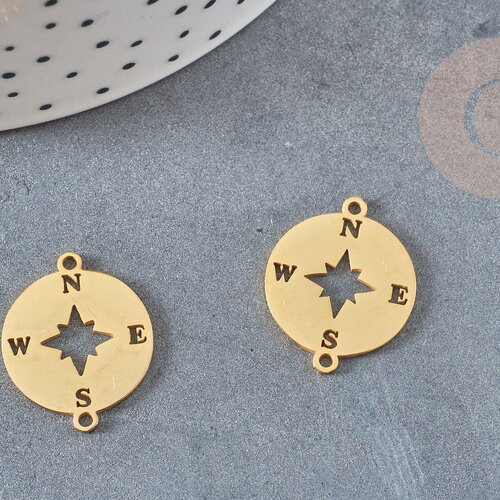 Pendentif acier dore boussole rose des ventes,breloque doré, acier inoxydable doré, pendentif sans nickel,23mm, x1 g4788