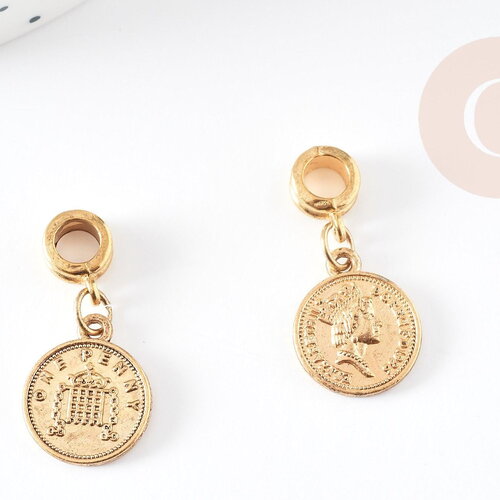 Pendentif médaille ronde penny zamac doré 2.1cm, pendentif doré, médaillon,métal doré, x1 g0355