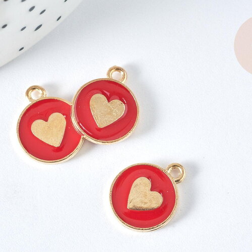Pendentif médaille rond cœur émail rouge zamac doré, création bijou amour, x1 (g7425)