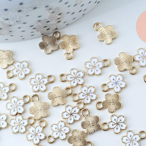 Pendentif fleur zamac doré émail blanc 12mm,pendentif doré pour création de bijoux, x5 (g6088)