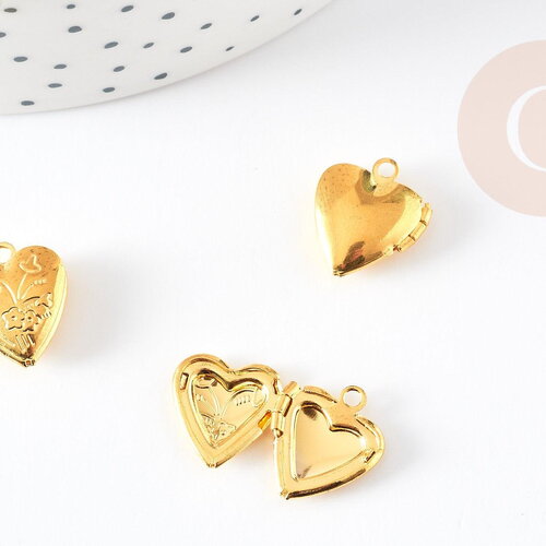 Pendentif locket cœur medaillon doré, médaillon vintage, création collier, pendentif amour doré,15.6mm, x2 g5294