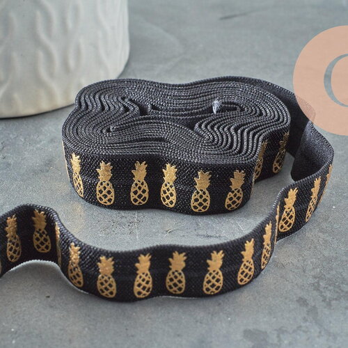 Ruban élastique noir or ananas efjf,bracelet evjf,ruban mariage,scrapbooking,16mm, 1/5/10 mètres (g1580)