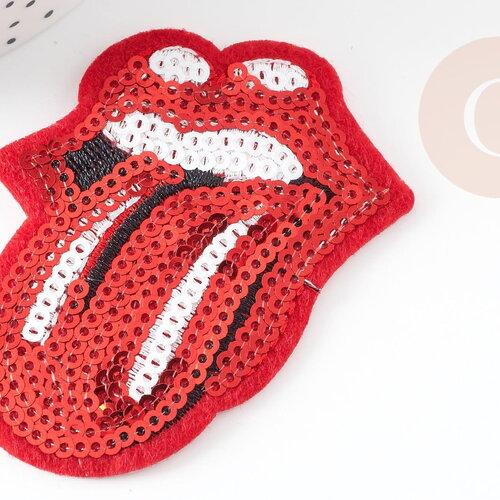 Ecusson brodé à repasser bouche rouge sequins, customisation vêtement, écusson thermocollant brodé,67mm, x1 g3072