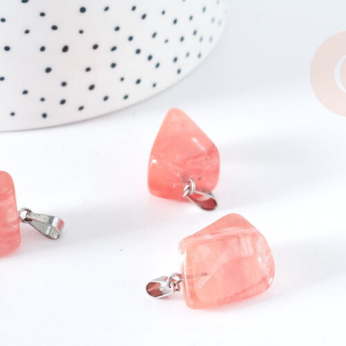 Pendentif quartz cerise roulé acier platine, pendentif pierre acier inoxydable, bijou pendentif pierre naturelle,15-35mm, x1, g5505