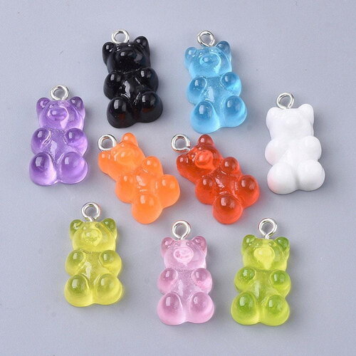 Pendentif ourson résine colorée platine, pendentif bombon, pendentif création de bijoux de l'enfance régressif,21mm, x10 g4987