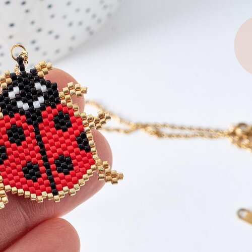 Collier sautoir pendentif tissage coccinelle perle de rocailles acier doré 50cm, cadeau pour femme, x1 g7688