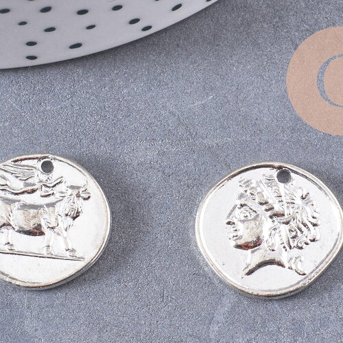 Médaille romaine argenté, pendentif argent, médaille argent, apprêts argent, 1.9cm, x5 (g1675)