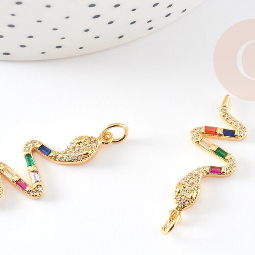 Breloque serpent laiton doré 18k cristal sans nickel,cadeau anniversaire,pendentif animal zircon, 32.5mm, x1 g4008