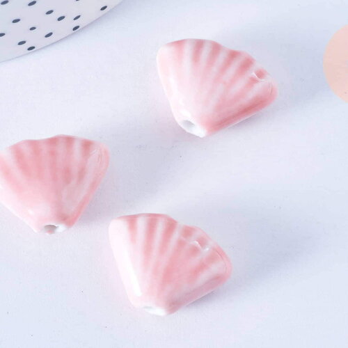 Perle porcelaine rose coquillage, perle céramique géométrique fabrication bijoux en céramique rose, 22.5-23.5mm, x10 g3429