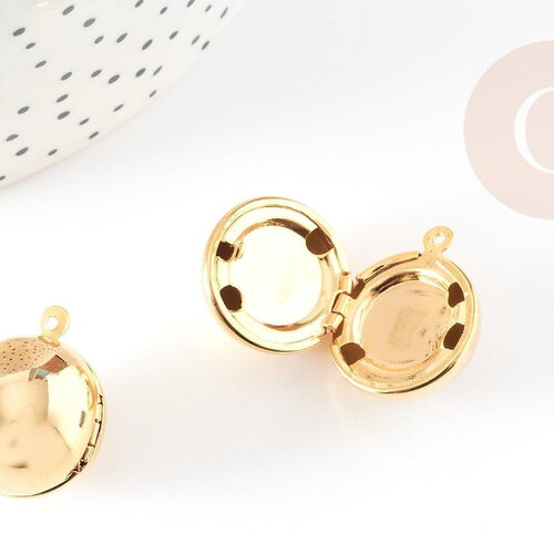 Pendentif locket rond boule doré 16k 18mm, médaillon photo,pendentif locket doré, x1 g9008