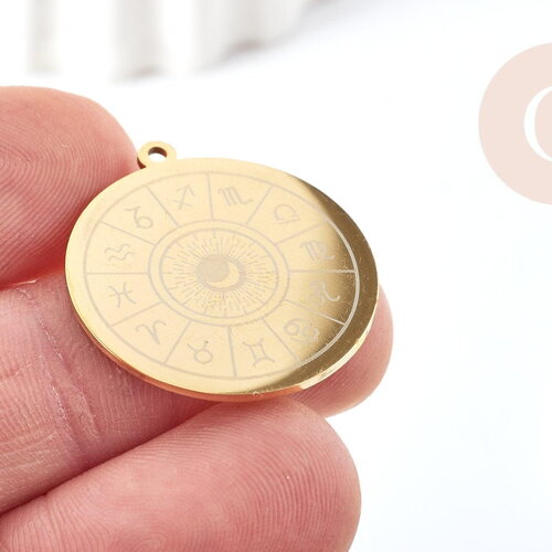 Pendentif médaille ronde astrologie acier 201 inoxydable doré 27.5mm, x1 (g6123)