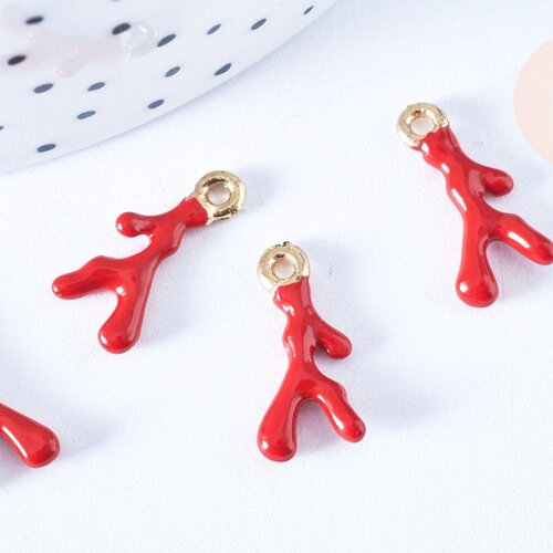 Pendentif corail émaillé rouge zamac doré 20mm,création de bijoux dorés thème de la mer, x2 g7512