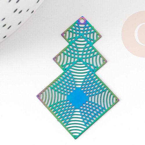 Pendentif estampe filigrane losange acier multicolore, pendentif très fin et léger pour création,40.5mm,x1 g5574