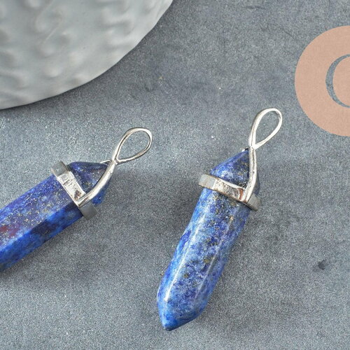Pendentif pointe lapis lazulis naturel zamac argenté 40mm, création bijoux pierre naturelle, x1 (g4078)