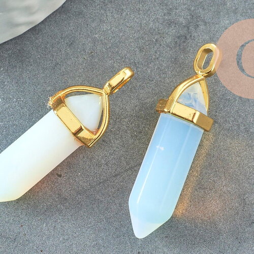 Pendentif pointe opalite opaque zamac doré 37~40mm, pendentif bijoux pierre, opalite naturelle, 37~40mm, x1 g0087