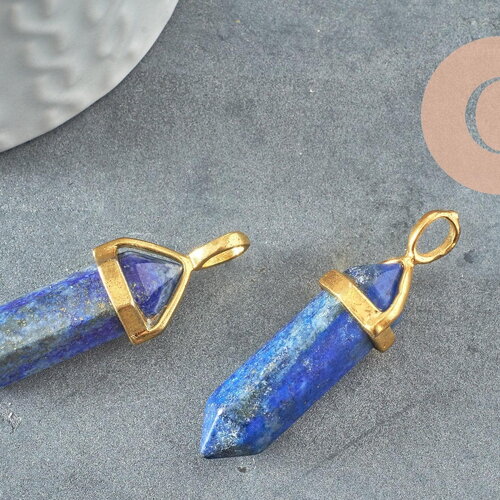 Pendentif pointe lapis lazulis naturel bleu laiton doré 37-41mm, pendentif bijou pierre naturel, x1 g0904