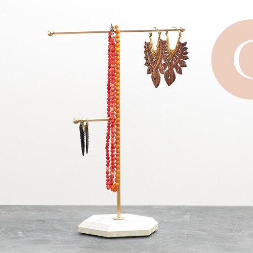 Présentoir bijoux boucles d'oreilles métal doré pied marbré 2 barres 26cm, x1 (g10245)