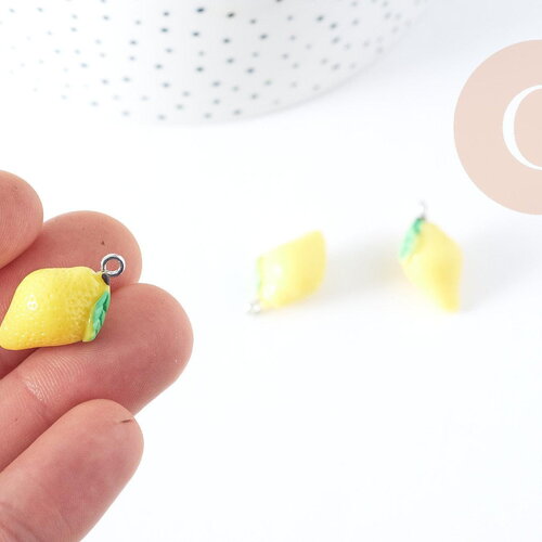 Pendentif citron résine jaune fer platine 20-24mm, pendentif fruit agrume estival x1 g8949