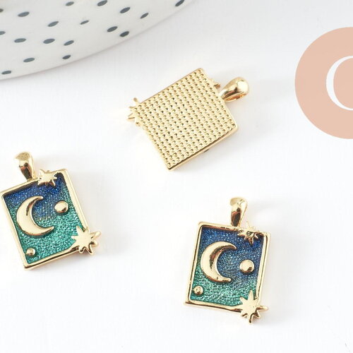Pendentif carré lune et étoile bleu laiton doré 17mm, pendentif astrologie, pendentif laiton, fabrication de bijoux fantaisie, x1 g8865