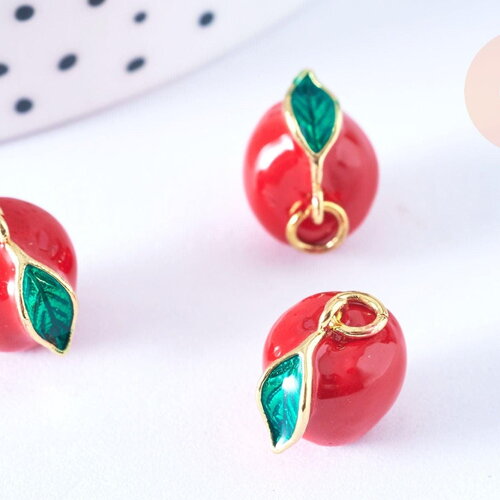 Pendentif pomme rouge laiton doré 12mm,thème fruit, création de bijoux dorés, x1 g6687