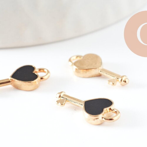 Breloque clé coeur noir laiton doré ,sans nickel,création bijoux,pendentif amour,16mm, x 2 (g4300)