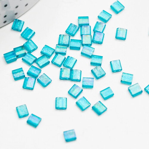 Perles rocaille verre rectangle bleu turquoise 4.5mm,2 trous, x50 (g4455)