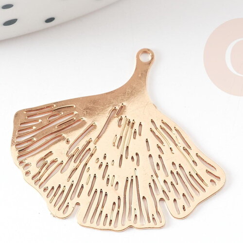 Pendentif estampe filigrane feuille gingko laiton doré, 25mm, x2 (g3694)